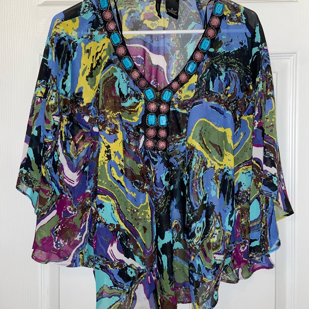 New Directions Sheer Multicolor Top with Blue/Pink Stone Detail